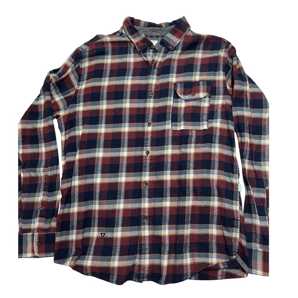 Vissla Mens Plaid Flannel Button Down‎ Shirt Burgundy Navy Blue Long Sleeve Med
